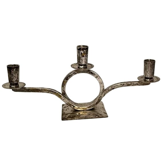 Vtg Art Deco Silver Plated Candelabra Mid Century Hammered Silver Candle Holder - Picture 3 of 8